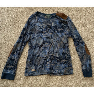 Lauren Ralph Lauren Floral Shirt Blue Suede Elbow Patch Women’s Size Large